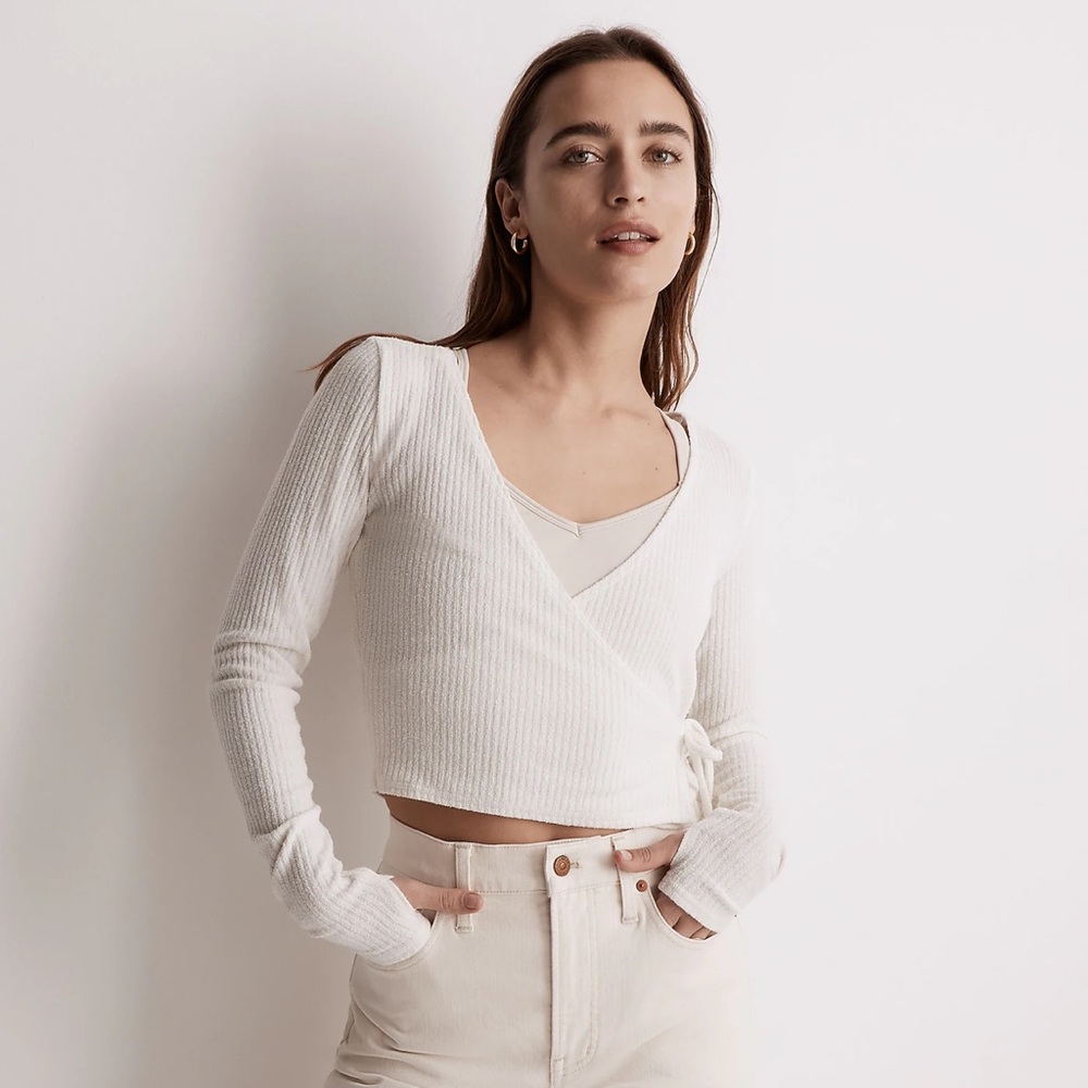 Madewell MWL Ribbed V-Neck Wrap Top - Ivory Small, Medium